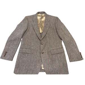 44 Long Harris Tweed Blazer Brown Herringbone Scottish Wool Sport Coat USA Made